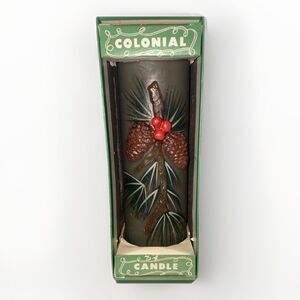 VTG Pine Cone Sculptured Colonial Candle Co MCM Green Pillar Candle NEW with Box